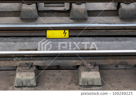 Close-up of railway track switches. Close-up of railway track switches. 108289225