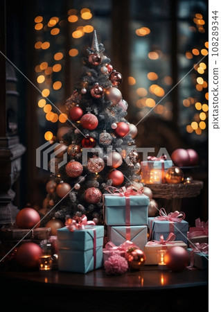 interior of house decorated for Christmas or New Year's holiday, gifts, fir tree, winter season 108289344