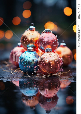 a gifts and decorations in winter forest, covered by snow, decorated for Christmas or New Year's holiday, lights, a fairy-tale environment a gifts and decorations in winter forest, covered by snow, decorated for Christmas or New Year's holiday, lights, a fairy-tale environment 108289345