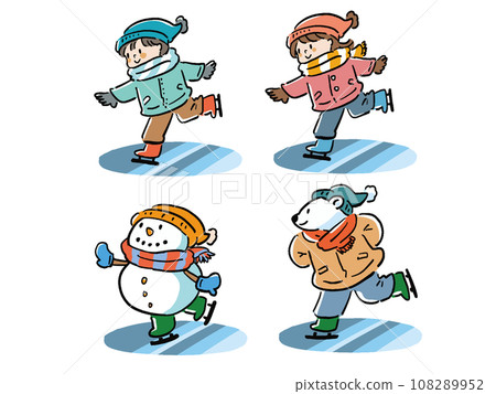 Illustration set of a boy and girl skating on ice, a snowman and a polar bear 108289952