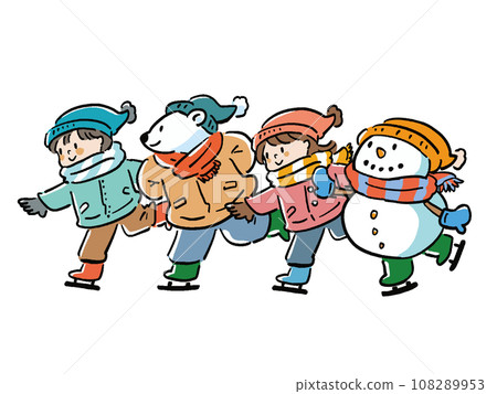 Illustration set of a boy and girl skating side by side, a snowman and a polar bear 108289953