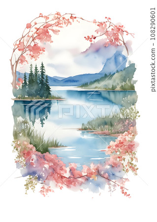 Watercolor lake vibrant on white background 108290601