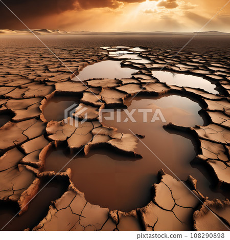 Extreme drought with cracked ground and the last of the water in it. 108290898