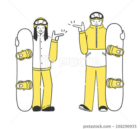 Snowboarder couple pointing full body illustration set 108290935