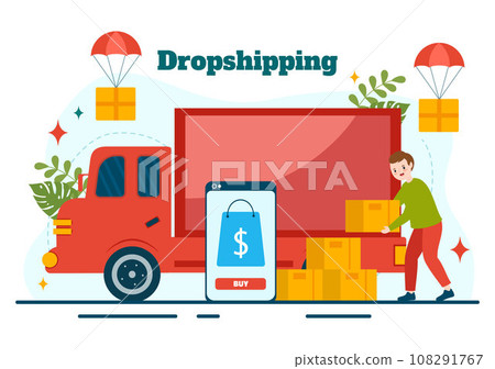 Dropshipping Business Vector Illustration with Businessman Open E-commerce Website Store and Let Supplier Ship Product in Flat Cartoon Background 108291767