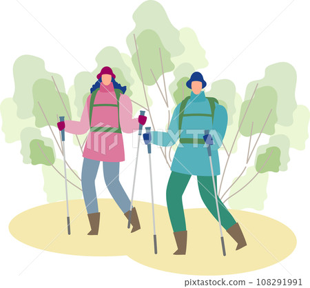 A man and a woman trekking in nature 108291991