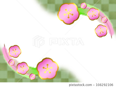 Japanese style modern background illustration with plum blossoms and checkered pattern [A4, horizontal] 108292106
