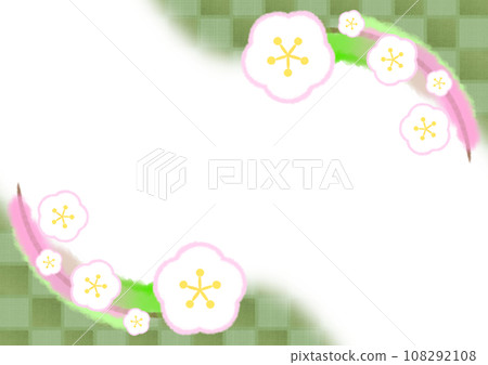 梅花和格子圖案的日式現代背景插圖[A4，水平] 108292108
