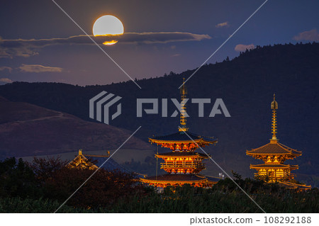 奈良西京都、藥師寺、月圓之夜、燈火通明的藥師寺、若草山外的滿月➄ 奈良西京都、藥師寺、月圓之夜、燈火通明的藥師寺、若草山外的滿月➄ 108292188