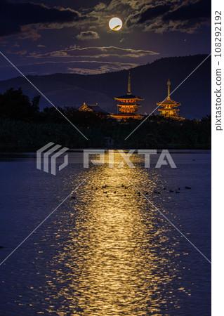 奈良西京都,藥師寺,月圓之夜,一群鴨子穿過水面的光路② 奈良西京都,藥師寺,月圓之夜,一群鴨子穿過水面的光路② 108292192