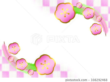 Japanese style modern background illustration with plum blossoms and checkered pattern [A4, horizontal] 108292468