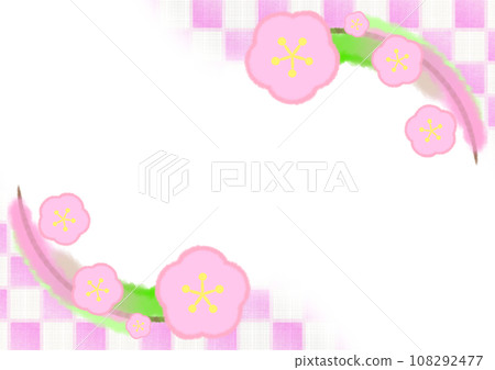 Japanese style modern background illustration with plum blossoms and checkered pattern [A4, horizontal] 108292477