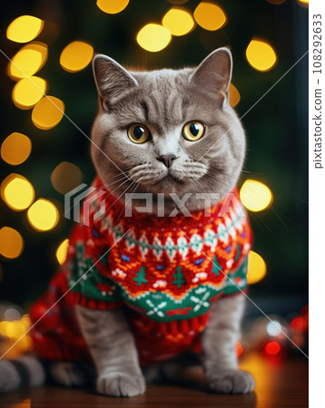 British shorthair cat wearing Christmas ugly sweater. Christmas festive mood British shorthair cat wearing Christmas ugly sweater. Christmas festive mood 108292633