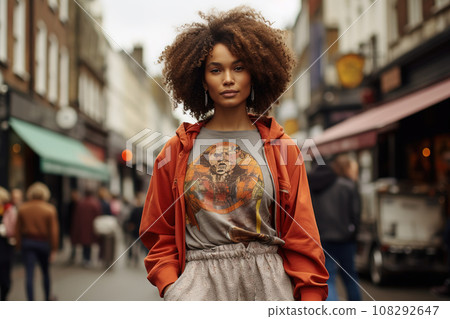 Young African American woman with afro hairstyle and 80s style clothes, street portrait. Fall season lifestyle concept 108292647