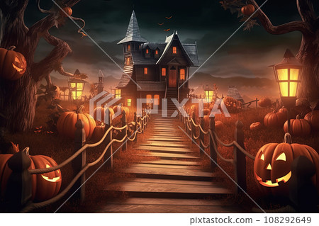 Halloween spooky path to old haunted farm house, pumpkins and scary trees Halloween spooky path to old haunted farm house, pumpkins and scary trees 108292649