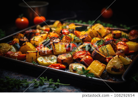 Roasted vegetables on sheet pan oven tray, grilled colorful autumn veggies 108292654