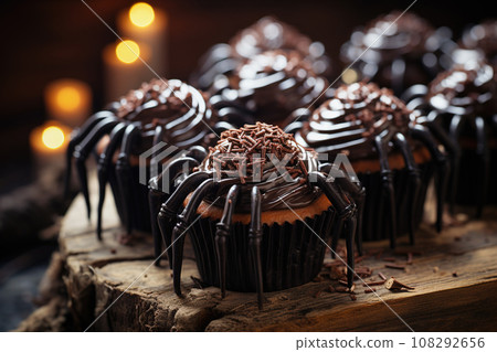 Chocolate spider cupcakes sweets for Halloween party. Festive holiday food 108292656