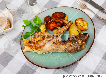 Appetizing roasted rabbit with potatoes and parsley closeup Appetizing roasted rabbit with potatoes and parsley closeup 108293033