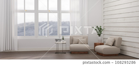 Interior design of a minimal, farmhouse living room with a comfortable chairs and a wood plank wall. 108293286