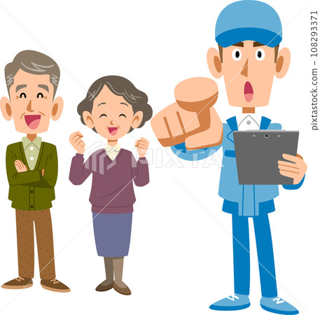 Senior couple and male worker pointing finger 108293371