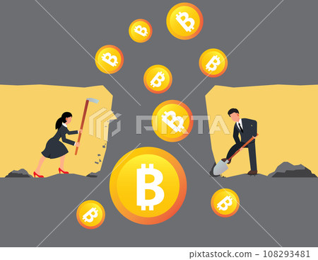 Business man and woman mining Bitcoin with hoe and shovel. destination, victory to success concept 108293481