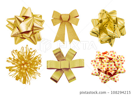 set of gold bow gift isolated on white background. set of gold bow gift isolated on white background. 108294215