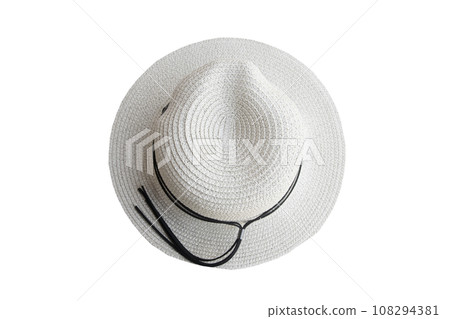 Top view vintage pretty straw hat isolated on white background Top view vintage pretty straw hat isolated on white background 108294381