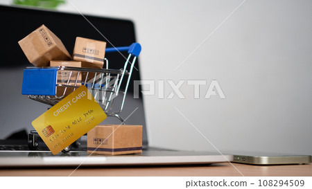 Shopping carts and credit card Place on laptop computer repressents online shopping concept, website, e-commerce, market platform, technology and online payment concept. 108294509