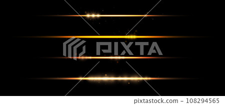 Gold neon divider lines set. Yellow glowing horizontal stripes collection. Fluorescent golden light streaks with sparks and sparkles pack. Vector shining beam elements for poster, banner, decoration Gold neon divider lines set. Yellow glowing horizontal stripes collection. Fluorescent golden light streaks with sparks and sparkles pack. Vector shining beam elements for poster, banner, decoration 108294565