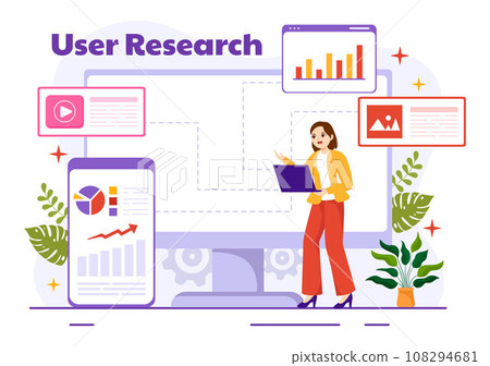 User Research Vector Illustration of People Searching and Exploring in Networks to Design Project, Online Survey and Analytics in Flat Background 108294681