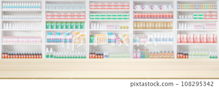 Empty wood counter top with pharmacy drugstore shelves blur pharmaceutical background 108295342