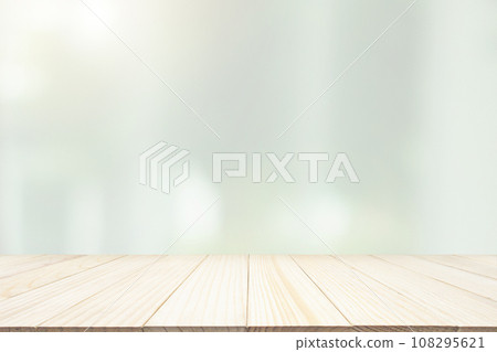 Empty wood table top with blur window curtain background for product display 108295621