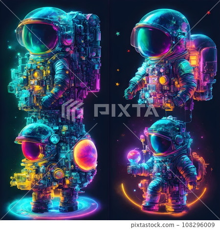 4 sets Astronaut on dark with neon light. 108296009