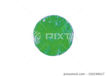 Old green round adhesive paper sticker label isolated on white background Old green round adhesive paper sticker label isolated on white background 108296627