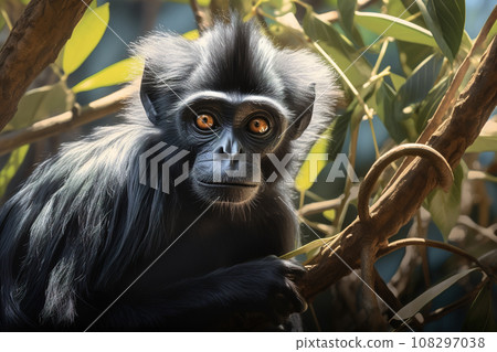 Image of colobus monkey on the tree in natural jungle. Wildlife Animals. Image of colobus monkey on the tree in natural jungle. Wildlife Animals. 108297038