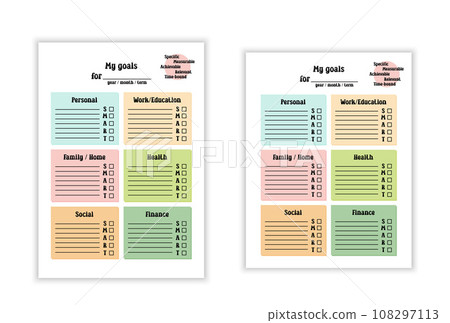 Goals List template. Vector blank page for writing New Year resolutions and yearly or monthly plans. SMART goals system, planning strategy. A4 and US letter paper proportions 108297113