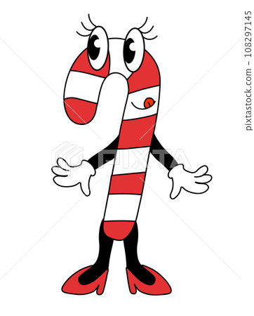 Retro 70s 60s 80s Hippie Groovy Christmas Character Candy Cane show tongue. Vector flat illustration. Retro 70s 60s 80s Hippie Groovy Christmas Character Candy Cane show tongue. Vector flat illustration. 108297145