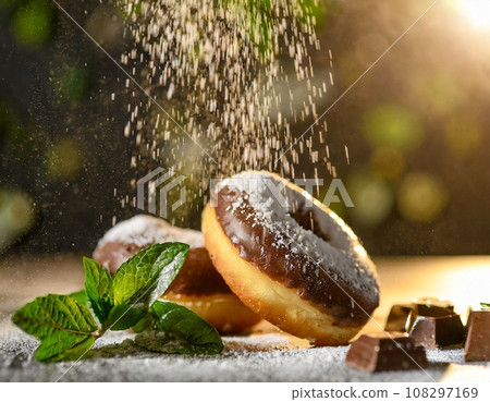 powdered sugar falls on a donut 108297169