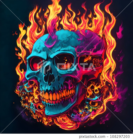 Skull with fire flames and neon light on black background. Halloween Skull with fire flames and neon light on black background. Halloween 108297203