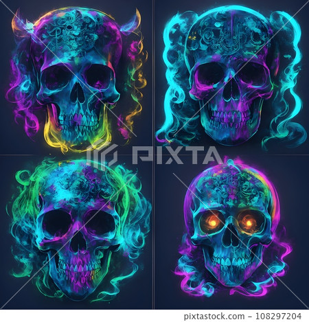 Skull with fire flames and neon light on black background. Halloween Skull with fire flames and neon light on black background. Halloween 108297204