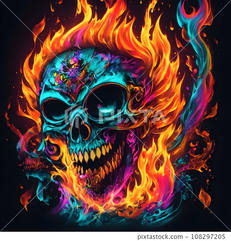 Skull with fire flames and neon light on black background. Halloween Skull with fire flames and neon light on black background. Halloween 108297205