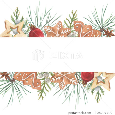 Christmas wreath made of watercolor plants and cookies. A bright element for holiday printed products. Christmas wreath made of watercolor plants and cookies. A bright element for holiday printed products. 108297709