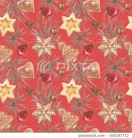 Seamless pattern of Christmas elements drawn in watercolors. Cookies and spices. Seamless pattern of Christmas elements drawn in watercolors. Cookies and spices. 108297712