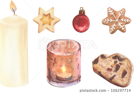 Set of Christmas cookies painted in watercolors. Element on a white background for creating holiday decorations, cards and packaging. 108297714