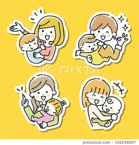 Illustrations of various mothers and babies, positive, white border 108298007