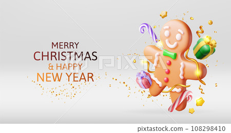 3D Holiday Gingerbread Man Cookie and Confetti. 108298410