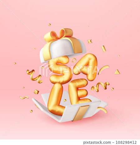 3D Gift Box With Sale Balloon and Falling Confetti 3D Gift Box With Sale Balloon and Falling Confetti 108298412