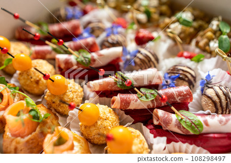 Catering service. Set of beautiful canapes. Buffet table. Shallow depth of view. Catering service. Set of beautiful canapes. Buffet table. Shallow depth of view. 108298497