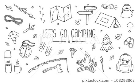 Lets Go Camping Set. Backpacking drawing, vector doodle illustration. Hiking icons. Black objects on white background 108298802