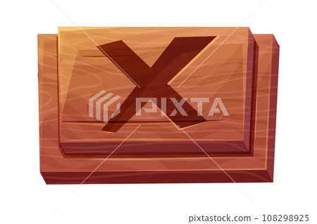Wooden close menu button X textured in cartoon style isolated on white background. Rustic gui, timber. 108298925
